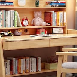 Computerbureau Compact met Opzetkast, Schappen en Lades – 31 inch (ca. 79 cm) Ruimtebesparend Home Office Bureau – Multifunctioneel Studie-, Werk- en Laptoptafel – Massief Hout Look – Naturel — thumbnail 4