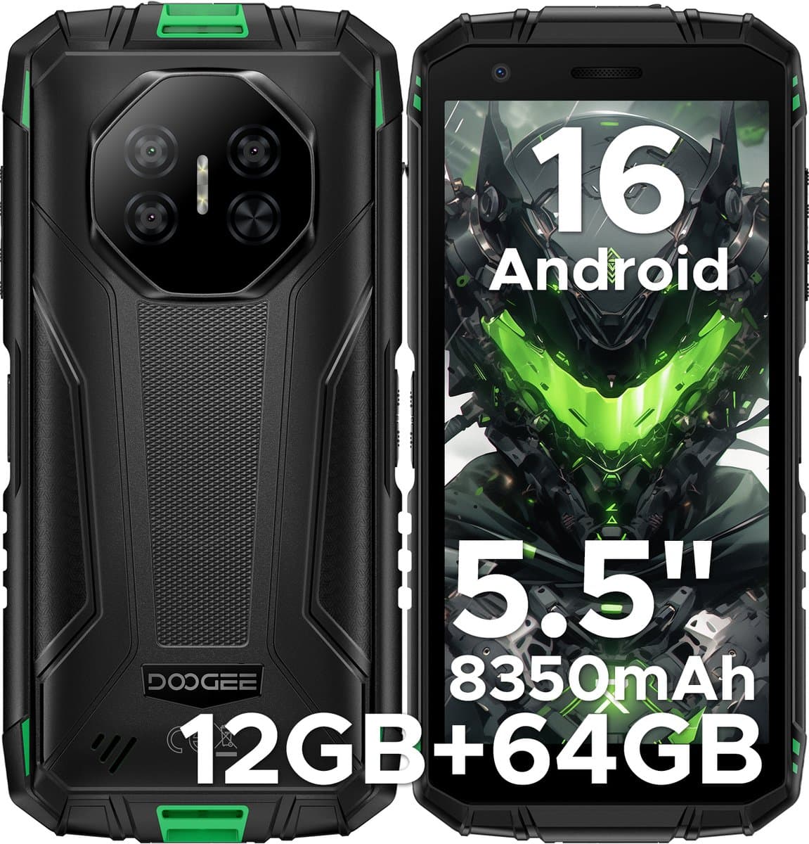 DOOGEE Fire 3 4G - Outdoor Phone - Robuuste Smartphone - 12GB RAM+ 64GB ROM/2TB TF - Android 16 - 8350mAh- 5,5-inch IPS HD+ - 13MP AI-camera - Widevine L1 - Face ID - NFC - IP68 - Groen — afbeelding 1