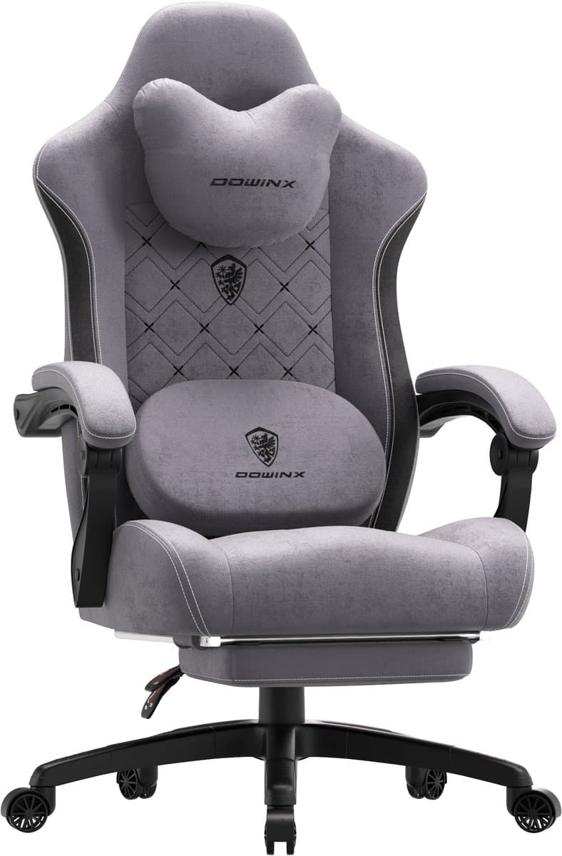 Dowinx Ergonomische Bureaustoel/Gamingstoel – Met Verwarming En Massagefunctie – Met Lendensteun – Breed Zitkussen – Met Armleuningen En Voetsteun – Stof – Zwart,Grijs — afbeelding 1