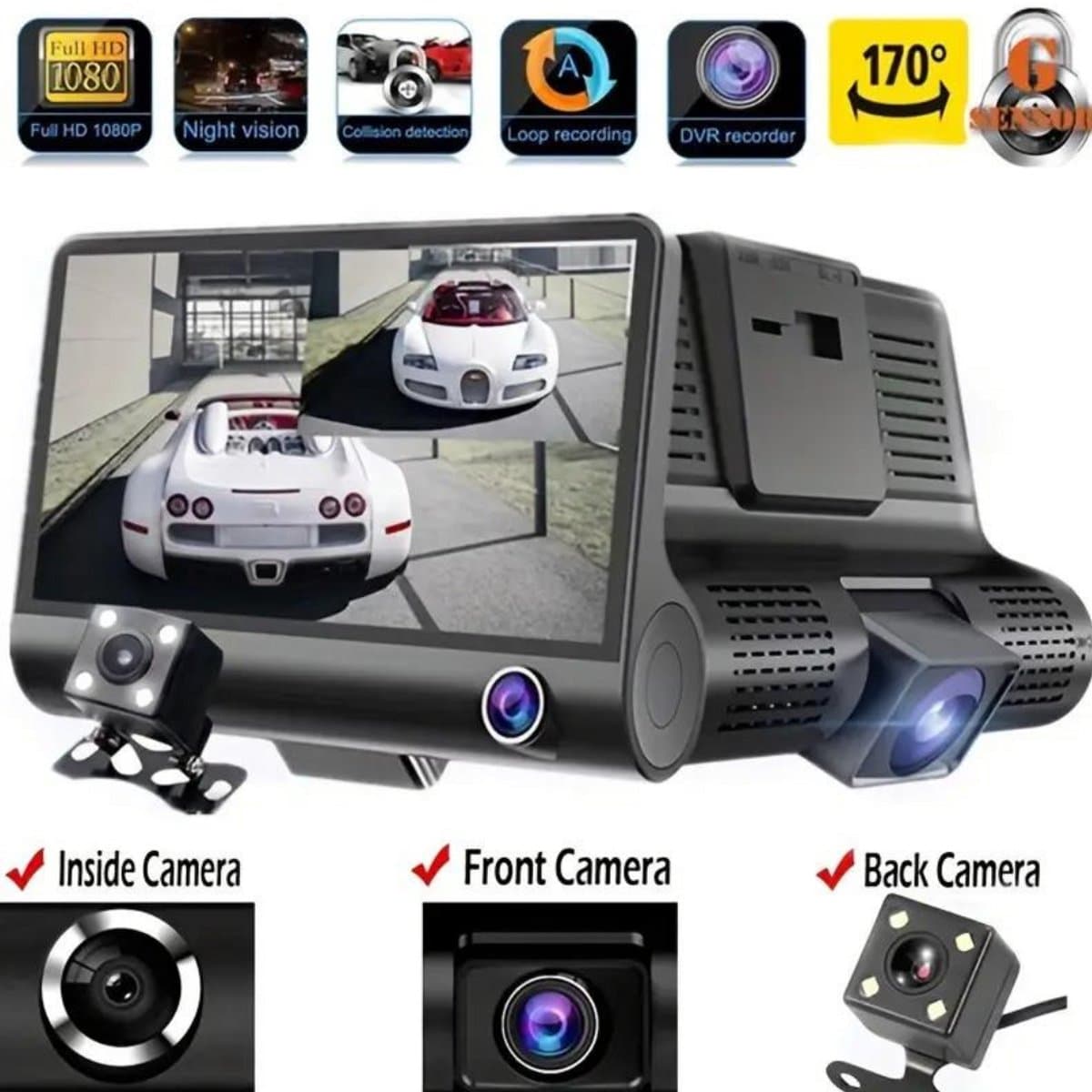 Ausha Dashcam 3 Camera’s – Full HD 1080P – Voor/Interieur/Achter – 4” LCD – Nachtzicht – Parking Mode – G-Sensor – Auto Recorder — afbeelding 1