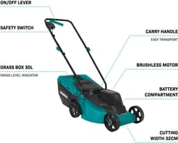 VONROC Accu Grasmaaier 20V – 32 cm maaibreedte - Borstelloze motor - Drie instelbare maai-hoogtes: 30/50/70 mm - Incl. 30L Opvangbak - Incl. 4.0Ah Accu en snellader — thumbnail 3