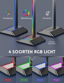 Intelectro Headset Stand - Schitterende Verlichting voor je Setup! - 2 USB Aansluitingen voor het Opladen van Apparaten - Plug & Play - Antislip Pads - TPU Rubberen Gedeelte om Krassen te Voorkomen - Zwart - Levering Sneller dan Aangegeven! — thumbnail 3
