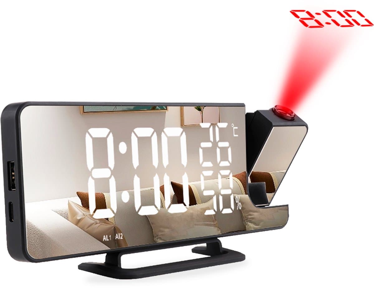 Premes - Wekkerradio met Projectie - Zwart - AM/FM - Op Netstroom - Digitale Klok - Wekkerradio’s - Projectiewekker - Wekker met Projectie - Klok Digitaal - Klokje - Klokken — afbeelding 1