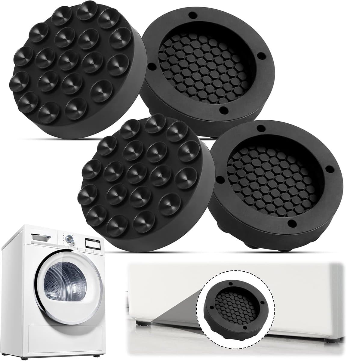 Anti Trillingsmat Wasmachine - en Wasdroger - Geluidsdempende Antislip Mat - Rubber Mat Trillingsdempers - Trillingsdempers wasmachine – Extra dik - Voetjes wasmachine & droger - Wasmachine demper – Anti trillings - vibratie - dempers pads – Antislip — afbeelding 1