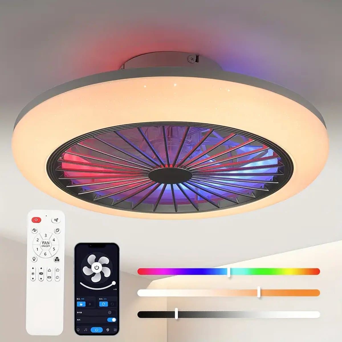 LuxiLamps - LED Ventilator Plafondlamp - Smart Lamp Plafondventilator - RGB - 12 Kleuren - Met Dimmer - 50 cm - 6 Standen Ventilator - Keuken Lamp - Woonkamerlamp - Moderne Lamp — afbeelding 1