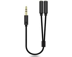Nereb - 3,5 mm Audio Splitter Kabel – Aux naar 2x 3,5 mm Jack Female – Koptelefoon Splitter – Zwart Gevlochten – Geluidsverdeler voor Muziek, Oortjes, Headsets, Speakers – Geschikt voor Laptop, Smartphone & Tablet