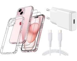 USB C Adapter - USB C Snellader 20W Met 1m Kabel - Hoesje Geschikt voor iPhone 15 transparant Anti Shock silicone met 2x screenprotector- Ntech COMBI-SET