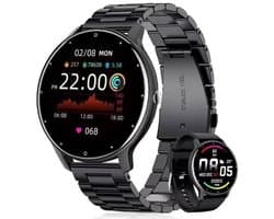 Knobbout 1.28 inch ultradunne smartwatch met gezond heidsmonitoring, sporttracking, muziekbediening, persoonlijke wijzerplaat, bluetooth bellen - - zwart staal+siliconen horlogeband