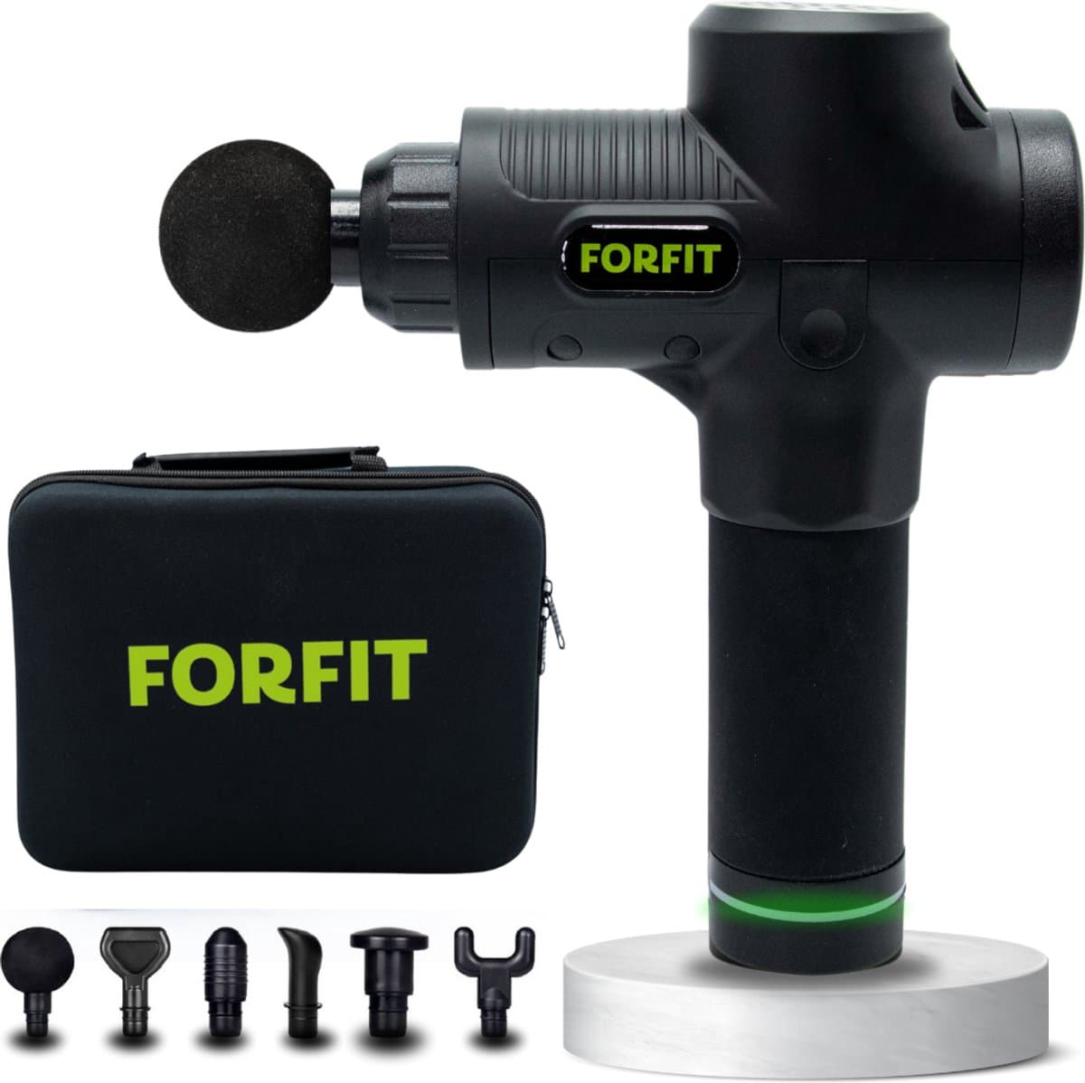 FORFIT Massage - Black – 30 Standen en 6 Opzetstukken – Draadloos en stil – Professioneel Massage apparaat- Massage Pistool — afbeelding 1
