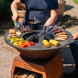 BBQ Plancha Grill Brasero Vuurschaal Cortenstaal met grote wielen, houtopslag en bakplaat Ø80cm Vuurkorf Tuinhaard — thumbnail 2