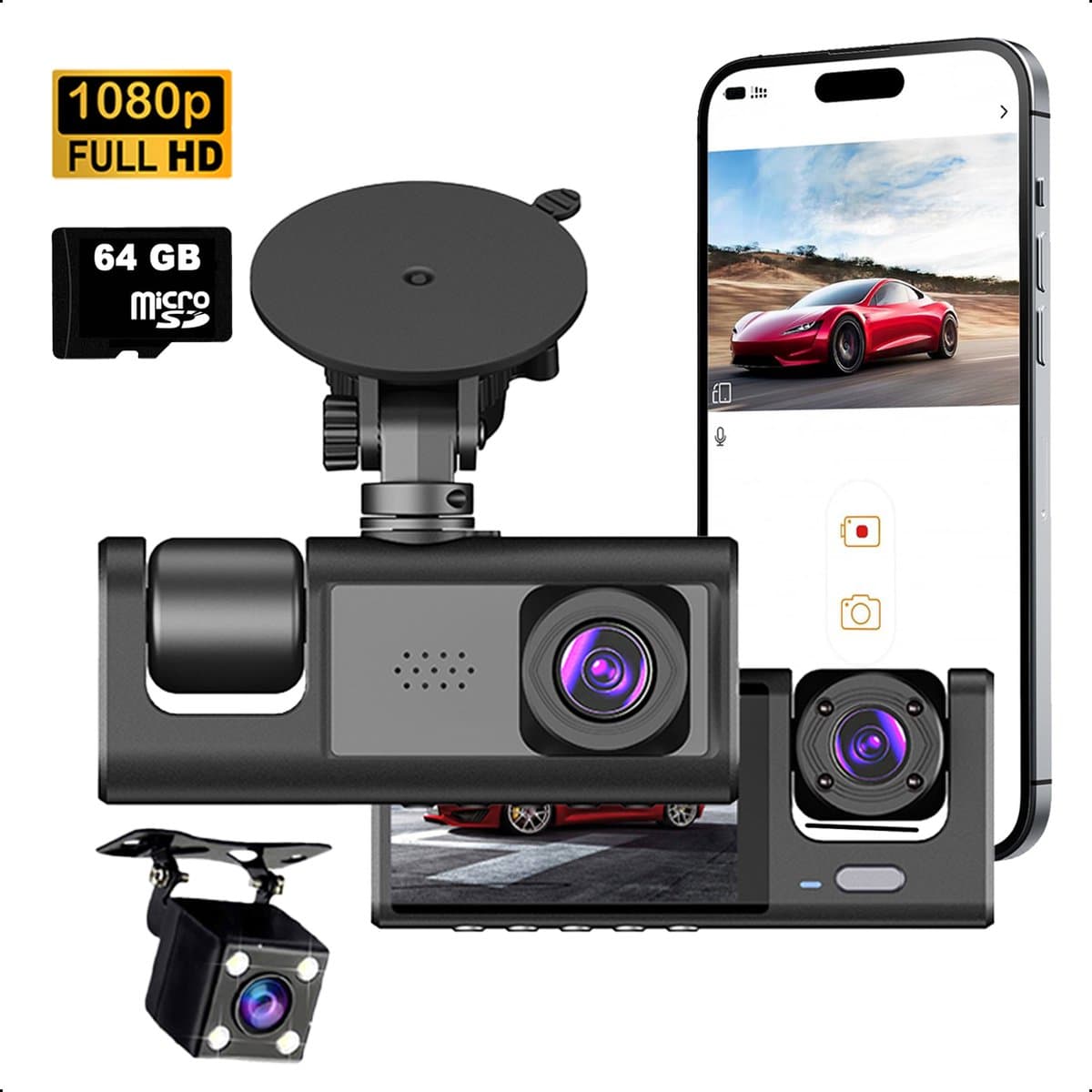 Tech Essentials® Dual Dashcam S1-Wifi Voor Auto - Met Achteruitrijcamera Universeel - Full HD - Met 64GB Micro SD-Kaart - Met Nachtzicht - APP | Voor En Achter — afbeelding 1