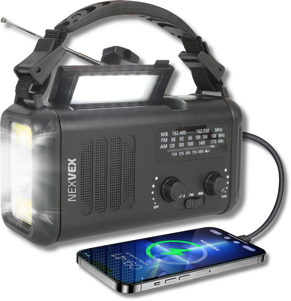 Nexvex® Pulse 1X Noodradio Powerbank 10000mAh - Solar Powerbank Zonneenergie - Noodpakket - Survival Kit Kamperen - Militaire Zaklamp LED Oplaadbaar - Draagbare Radio Wandelen - Leeslamp - Nood Kompas - Opwindbaar - Zonnepaneel - Noodrantsoen - Zwart — afbeelding 1