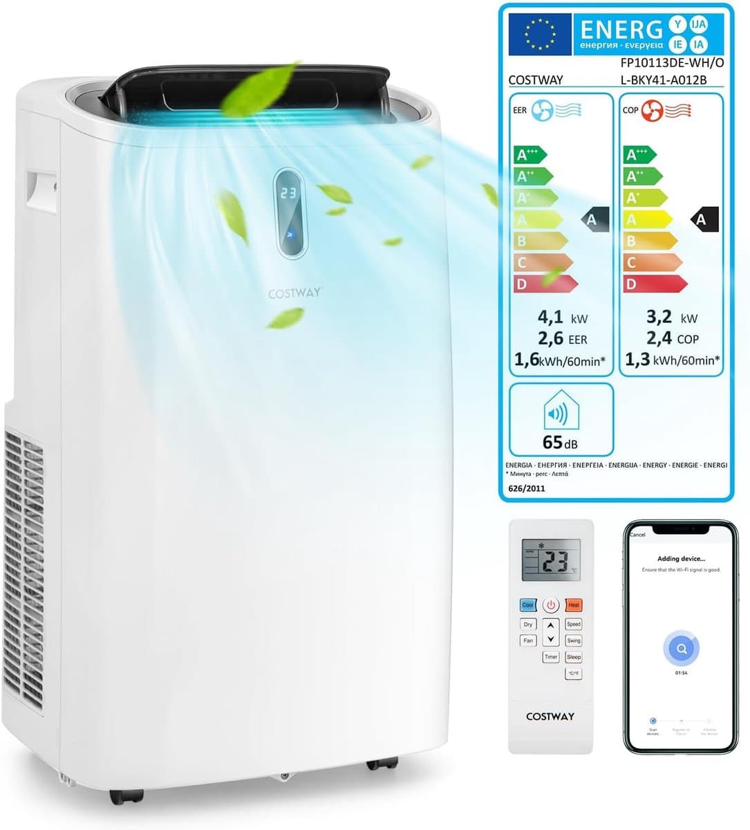 COSTWAY 5-in-1 ventilatorkachel, mobiele airconditioning, 14000 BTU, ontvochtiger, verwarmingsfunctie, luchtreiniger, slaapmodus, airconditioner met afvoerslang, 2,6 kW, 16 tot 32 °C, 25 tot 45 m², app/afstandsbediening, 24-uurs timer — afbeelding 1