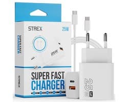 Strex USB-C & USB-A Snellader 25W - GaN Oplader met PD 3.0 & QC 3.0 - Inclusief USB-C Kabel - Wit