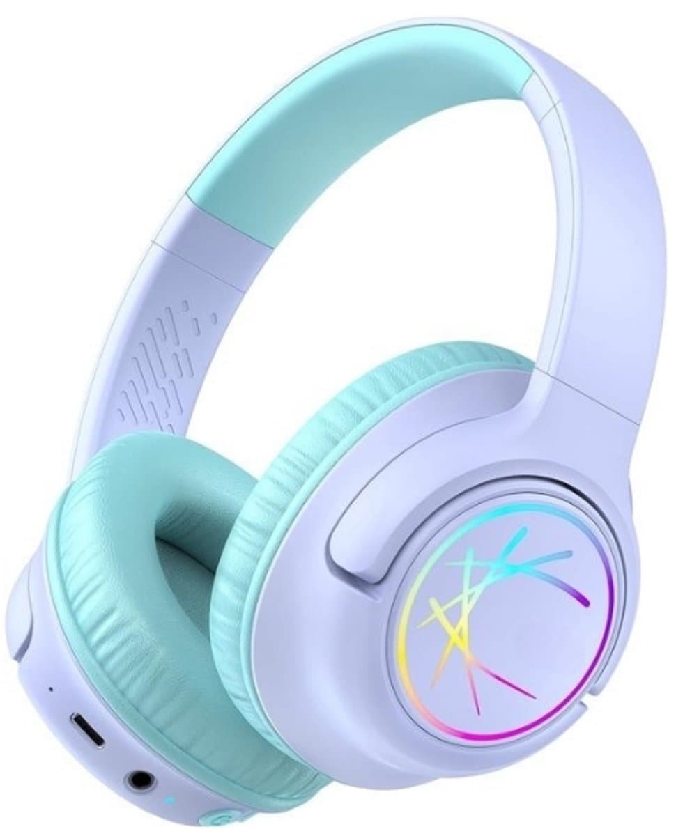 StayPowered Koptelefoon voor Kinderen - de Ultieme Kinderhoofdtelefoon met 43 Uur Speeltijd en Veilige Volumebegrenzing - Ingebouwde Verlichting - Opvouwbaar Ontwerp - USB C - Bedraad/Bluetooth - Paars - Levering Sneller dan Aangegeven! — afbeelding 1