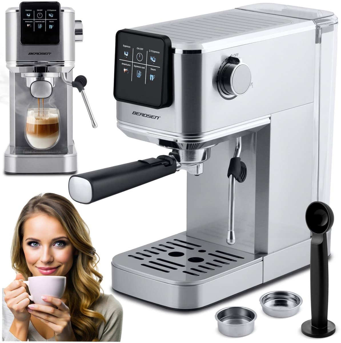 Espressomachine met portafilter 20 bar Berdsen BD-770 zilver — afbeelding 1