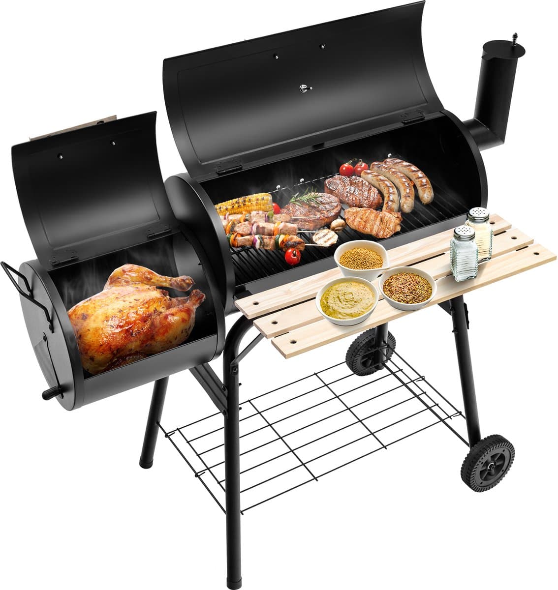 COSTWAY Houtskoolgrill met deksel, grillwagen met wielen, zijvuurbox, zijtafel, plank, houten handgrepen, thermometer, houtskoolgrill voor camping, terras, tuin — afbeelding 1