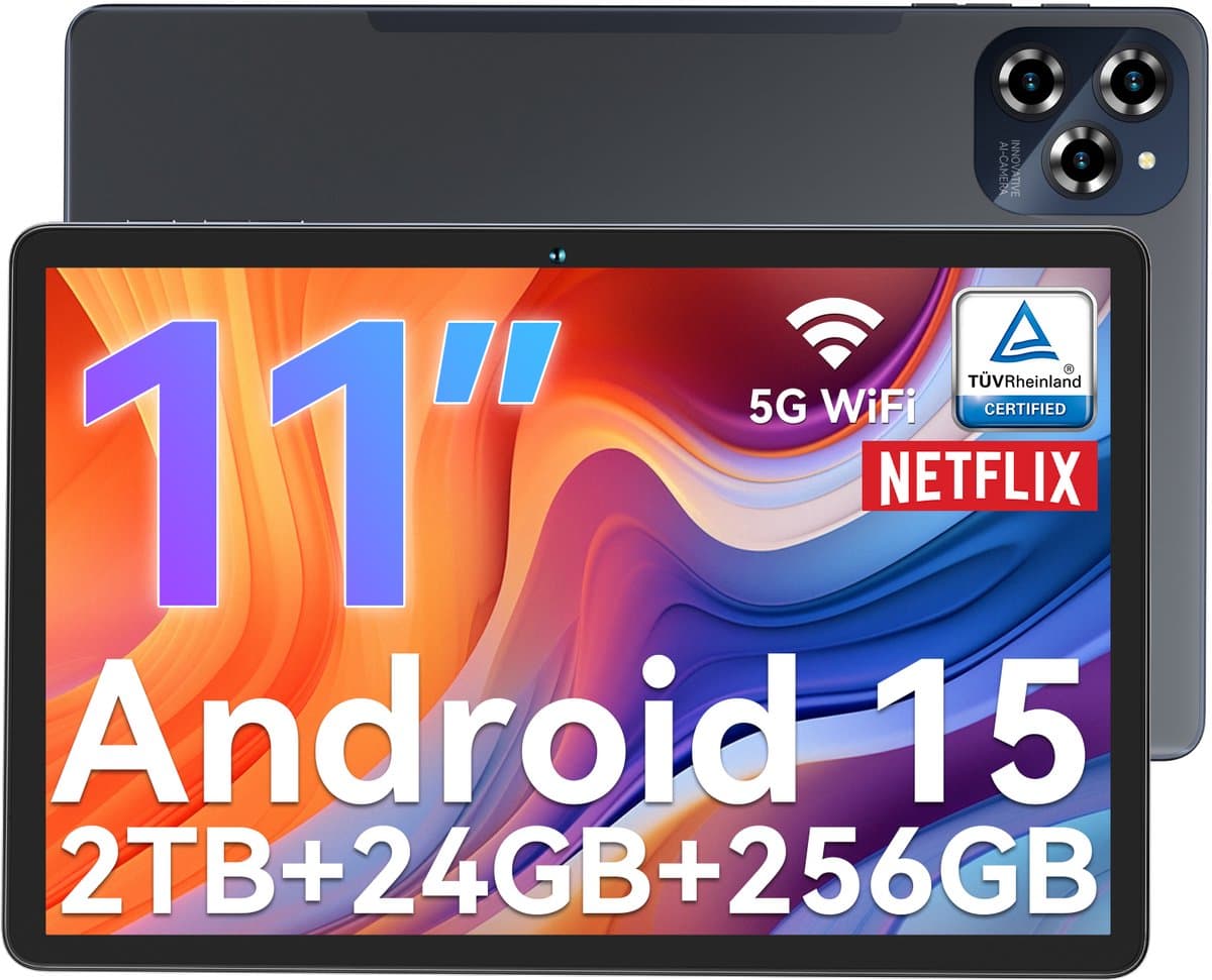 TABWEE Tablet - W90 Tablet - 8000 mAh - 24GB RAM - 256GB ROM - 11 Inch - Android 15 - WiFi 6 - Dubbele Simkaart - NETFLIX - Grijs — afbeelding 1