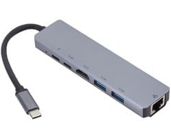 6 IN 1 USB-C naar 4K HDMI + Ethernet (RJ45) + 2x USB 3.0 + 2X USB-C adapter docking hub kabel - geschikt voor o.a. telefoon en laptop - grijs