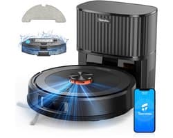 Robotstofzuiger TEENDOW met 3 zuigstanden tot 4500Pa, 250 ml watertank, LDS-laserdetectie, app- en Google-assistentbesturing, lange accuduur van 120 minuten, stil (<70dB), en automatische oplading.