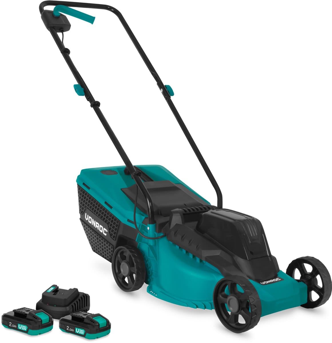 VONROC Accu Grasmaaier 20V – 32 cm maaibreedte - Borstelloze motor - Drie instelbare maai-hoogtes: 30/50/70 mm - Incl. 30L Opvangbak - Incl. 2x 2.0Ah Accu en snellader — afbeelding 1
