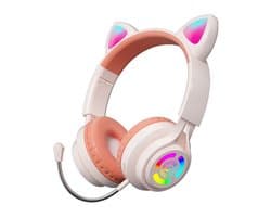 KINSI Schattige Kattenoor Over Ear Koptelefoon, Draadloze Bluetooth-hoofdtelefoon met RGB-verlichting & Bedrade Optie, Perfecte Luisterervaring