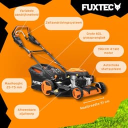 FUXTEC 4-in-1 Benzine Grasmaaier FX-RM5196PRO – 6 pk (4,4 kW) – 51 cm Maaibreedte – Flexibele Aandrijving – 4-Takt – Maaihoogte 25–75 mm – 60 L Grasopvangbak – Mulchen & Zij-uitworp — thumbnail 2