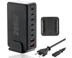 USB-C Snellader 286W Zwart – 8-Poorts GaN III Oplader met PD100W – Snelle USB Lader voor Laptop, Smartphone en Tablet