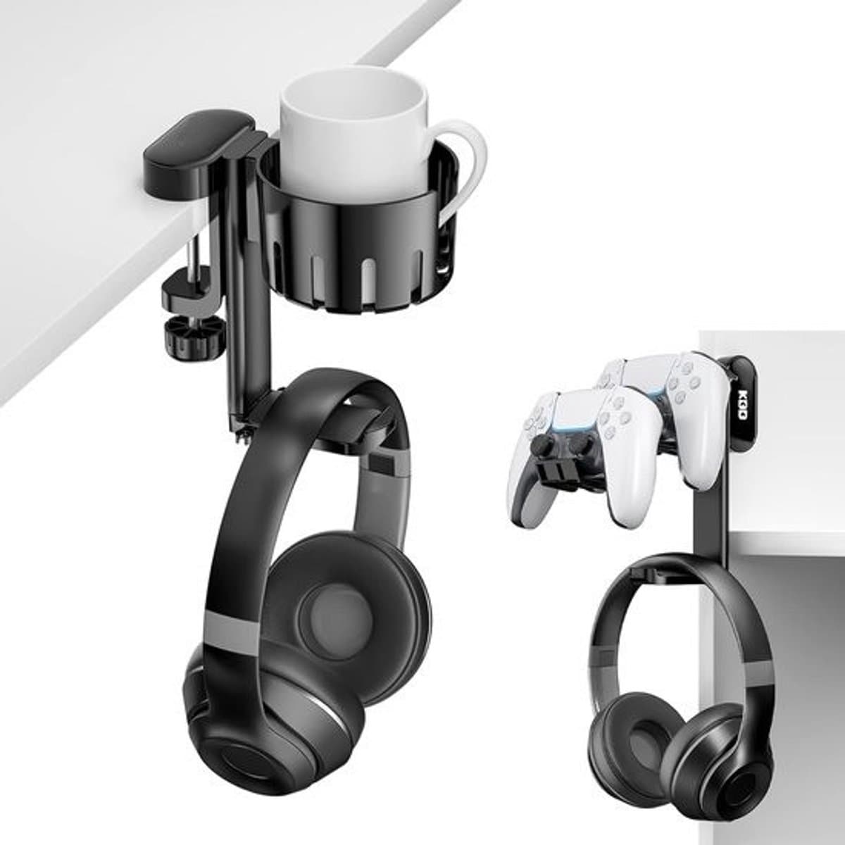 StayPowered Headset & Controller Houder - Perfect voor gaming setups - 3-in-1 design voor headset en controllers - Vervangbare bekerhouder - Krasbestendig - 360° Draaibaar - Eenvoudig te bevestigen - Zwart - Levering Sneller dan Aangegeven! — afbeelding 1