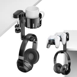 StayPowered Headset & Controller Houder - Perfect voor gaming setups - 3-in-1 design voor headset en controllers - Vervangbare bekerhouder - Krasbestendig - 360° Draaibaar - Eenvoudig te bevestigen - Zwart - Levering Sneller dan Aangegeven! — thumbnail 1