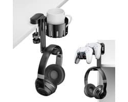 StayPowered Headset & Controller Houder - Perfect voor gaming setups - 3-in-1 design voor headset en controllers - Vervangbare bekerhouder - Krasbestendig - 360° Draaibaar - Eenvoudig te bevestigen - Zwart - Levering Sneller dan Aangegeven!