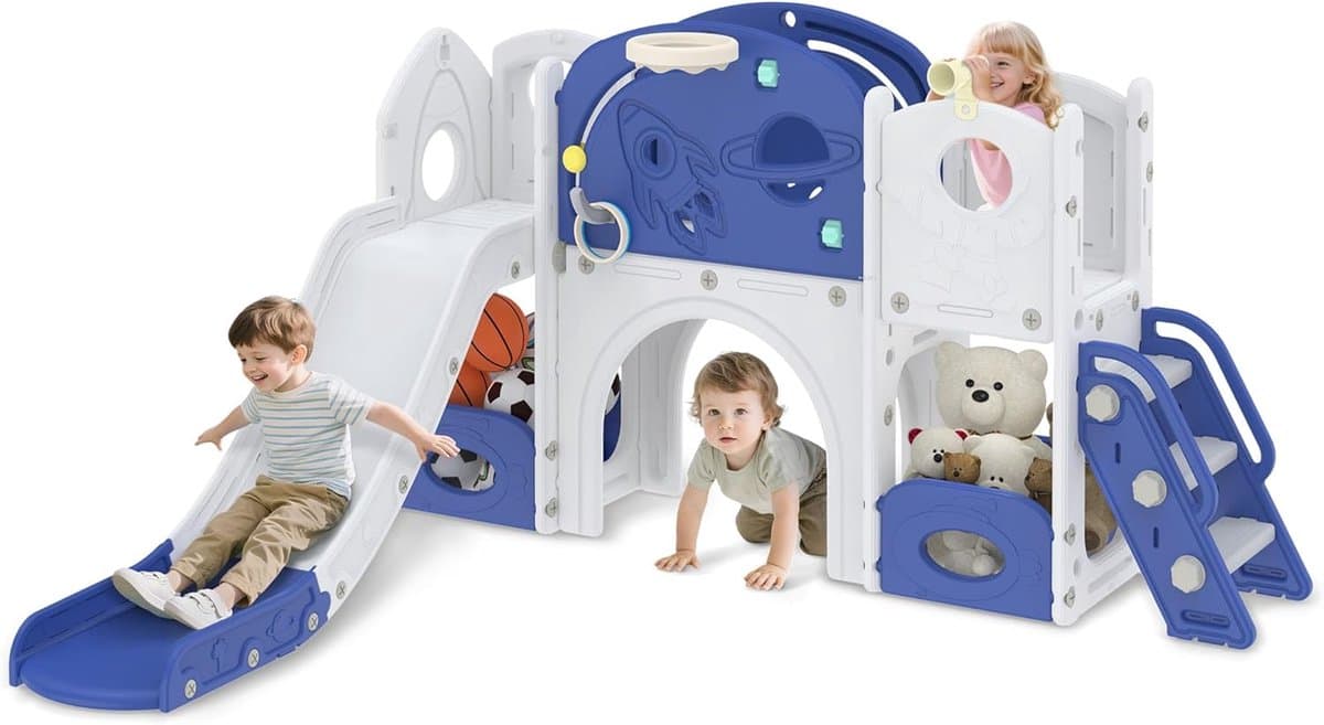 8-in-1 kinderglijbaan voor peuters jaar, binnen en buiten, vrijstaande glijbaan van HDPE en PP, met klimladder, tunnel, opbergruimte, basketbalkorf en speeltelescoop, tot 50 kg — afbeelding 1