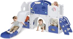 8-in-1 kinderglijbaan voor peuters jaar, binnen en buiten, vrijstaande glijbaan van HDPE en PP, met klimladder, tunnel, opbergruimte, basketbalkorf en speeltelescoop, tot 50 kg — thumbnail 1