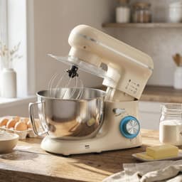 Keukenmachine 1300W Beige - Keukenmixer met 4,5L RVS Mengkom - 6 Snelheden met Pulsfunctie - Kneedmachine met Deeghaak, Garde en Klopper — thumbnail 4
