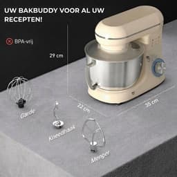 Keukenmachine 1300W Beige - Keukenmixer met 4,5L RVS Mengkom - 6 Snelheden met Pulsfunctie - Kneedmachine met Deeghaak, Garde en Klopper — thumbnail 5