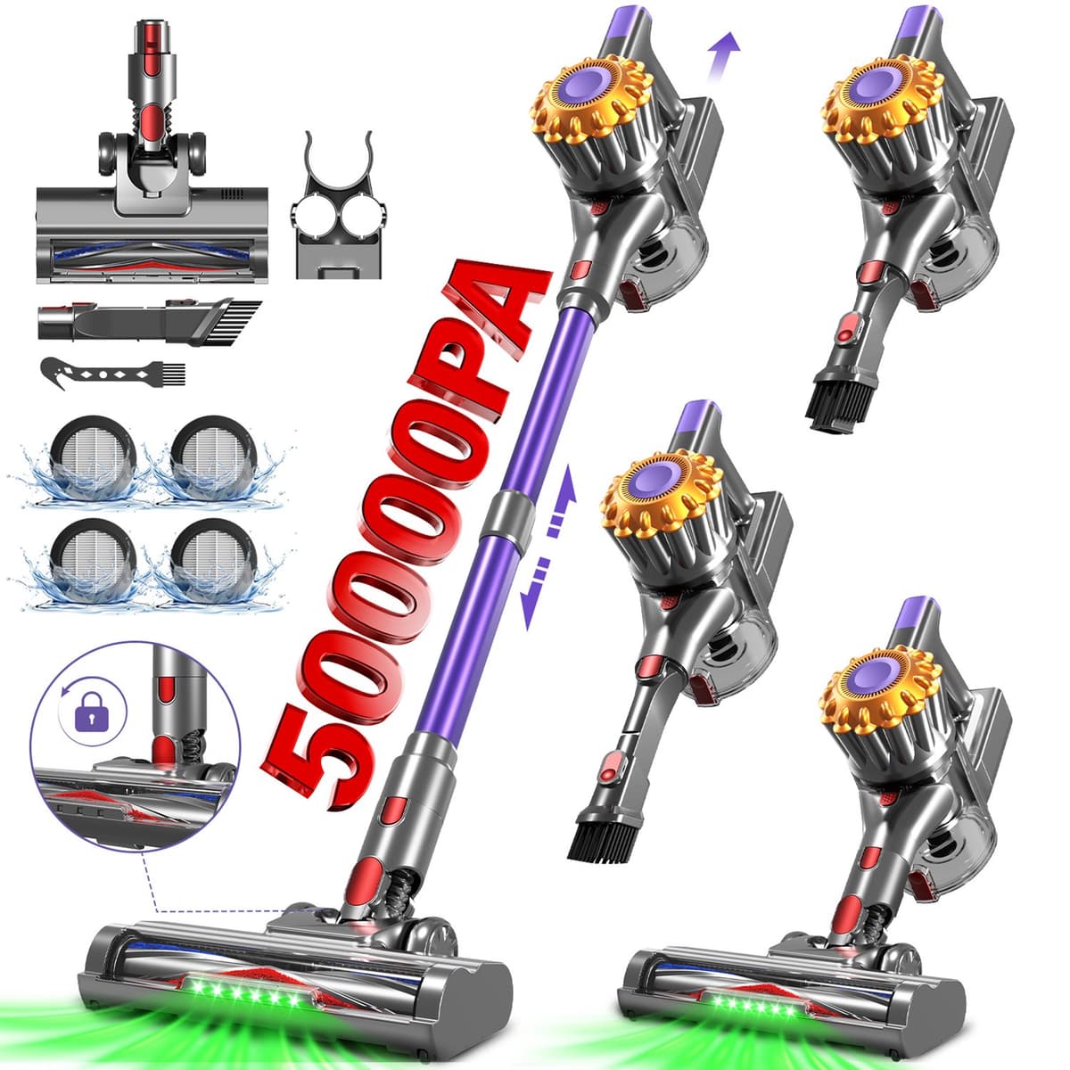 Adormii Steelstofzuiger Draadloos – 50 kPa Sterke Zuigkracht – Tot 60 Min Accuduur – Anti-haarwikkel Vloerborstel – 4 HEPA-filters – 1,6 L Stofreservoir – Groene LED Stofdetectieverlichting – Paars — afbeelding 1