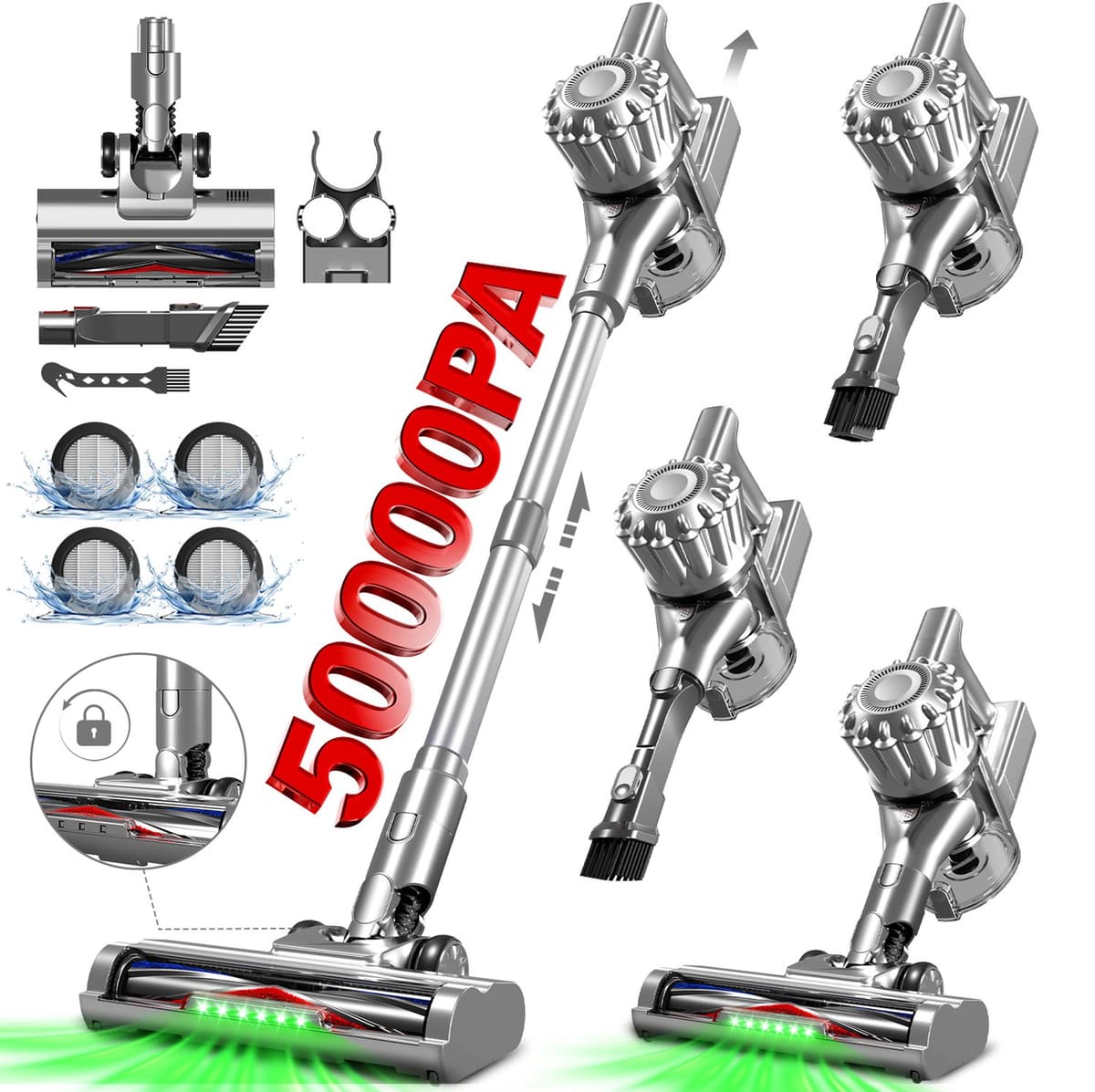 Adormii Steelstofzuiger Draadloos – 50 kPa Sterke Zuigkracht – Tot 60 Min Accuduur – Anti-haarwikkel Vloerborstel – 4 HEPA-filters – 1,6 L Stofreservoir – Groene LED Stofdetectieverlichting – Zilver — afbeelding 1
