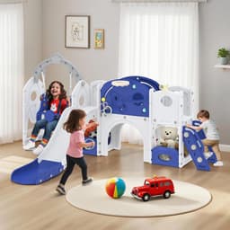 7-in-1 kinderglijbaan voor peuters, multifunctionele speelset met schommel, glijbaan, basketbalmand, tunnel, opbergruimte, klimladder, gereedschapsvrije montage, vrijstaande glijbaan, speelgoed — thumbnail 5