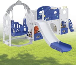 7-in-1 kinderglijbaan voor peuters, multifunctionele speelset met schommel, glijbaan, basketbalmand, tunnel, opbergruimte, klimladder, gereedschapsvrije montage, vrijstaande glijbaan, speelgoed — thumbnail 1