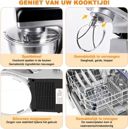 KITYTETY Keukenmachine 1000W - 8 Snelheden - Pulsfunctie - Multifunctionele mixer van met kom van 5 L - Menghaak Garde Deeghaak - Zilver — thumbnail 2