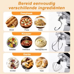 KITYTETY Keukenmachine 1000W - 8 Snelheden - Pulsfunctie - Multifunctionele mixer van met kom van 5 L - Menghaak Garde Deeghaak - Zilver — thumbnail 4