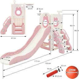 3-in-1 kinderslide kunststof wit-roze speeltoren set voor indoor outdoor glijbaan basketbalring speeltoestel tuinslide peuterslide babyslide vanaf 3 jaar kindvriendelijk glijbaan speelplezier — thumbnail 3
