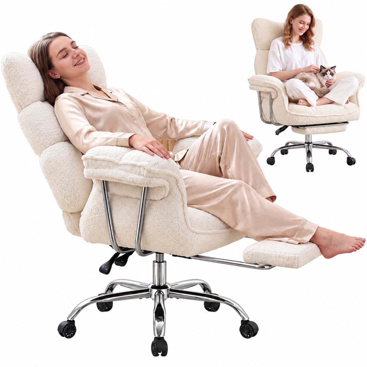 Dowinx Game stoelen - Gamestoel wit - Ergonomische Gamestoel - Grote Bureaustoel - Gamestoel met voetsteun - Verstelbare Gamingstoel - Tot 181 kg - Game bureaustoel chair - Teddy fleece — afbeelding 1