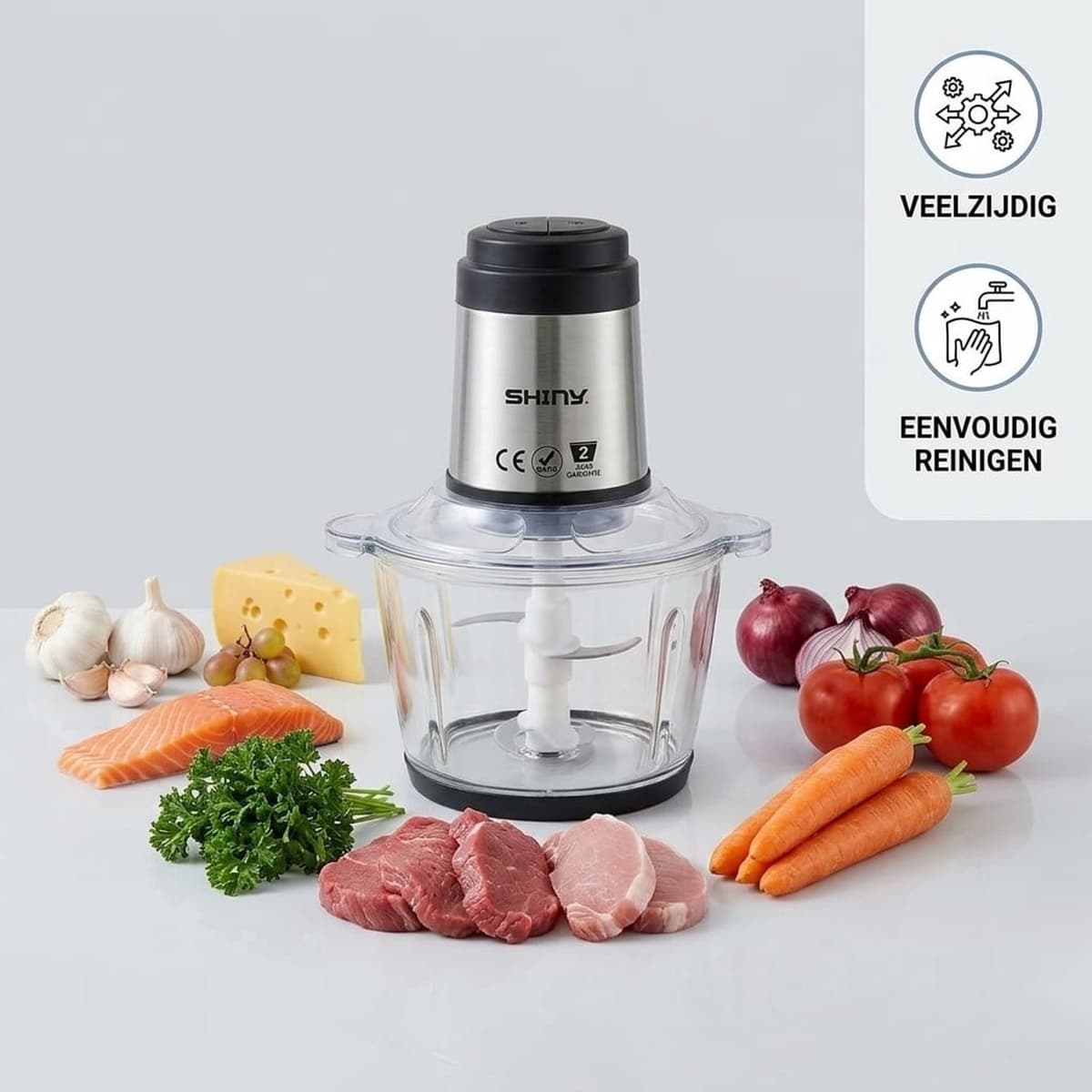 Shiny Meat Grinder – Elektrische Vleesmolen met Glazen Kom – 2L – 500W – 2 Snelheden – 4 RVS Messen — afbeelding 1