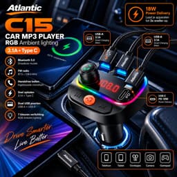Atlantic® FM Transmitter Bluetooth 5.0 Auto – Bluetooth Adapter Autoradio – Carkit Handsfree Bellen – MP3 Speler – USB-C – 2x USB – 3.1A Quick Charge Autolader – RGB 7 Kleuren — thumbnail 4