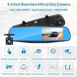 Dashcam voor Auto - 4.3 Inch - Full HD 1080P Auto Rij Recorder - Achteruitkijkspiegel DVR - Nachtzicht, Bewegingsdetectie, Parkeermodus - 6M Achteruitrijcamera - Zonder Geheugenkaart - Zwart — thumbnail 1