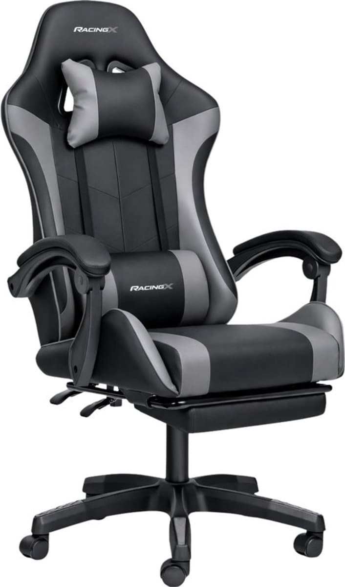 RACINGX- Game Stoel Met Voetsteun - Gaming Stoel - Ergonomische Bureaustoel - Gamestoel - Verstelbaar - Gaming Chair - Zwart / Grijs — afbeelding 1