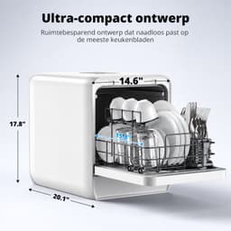 Tafelvaatwasser met 5L Watertank – 9 Wasprogramma’s – 4 Couverts – 75°C Hygiënewas – 1-24 Uur Startuitstel – Compact 37 cm – Wit — thumbnail 2