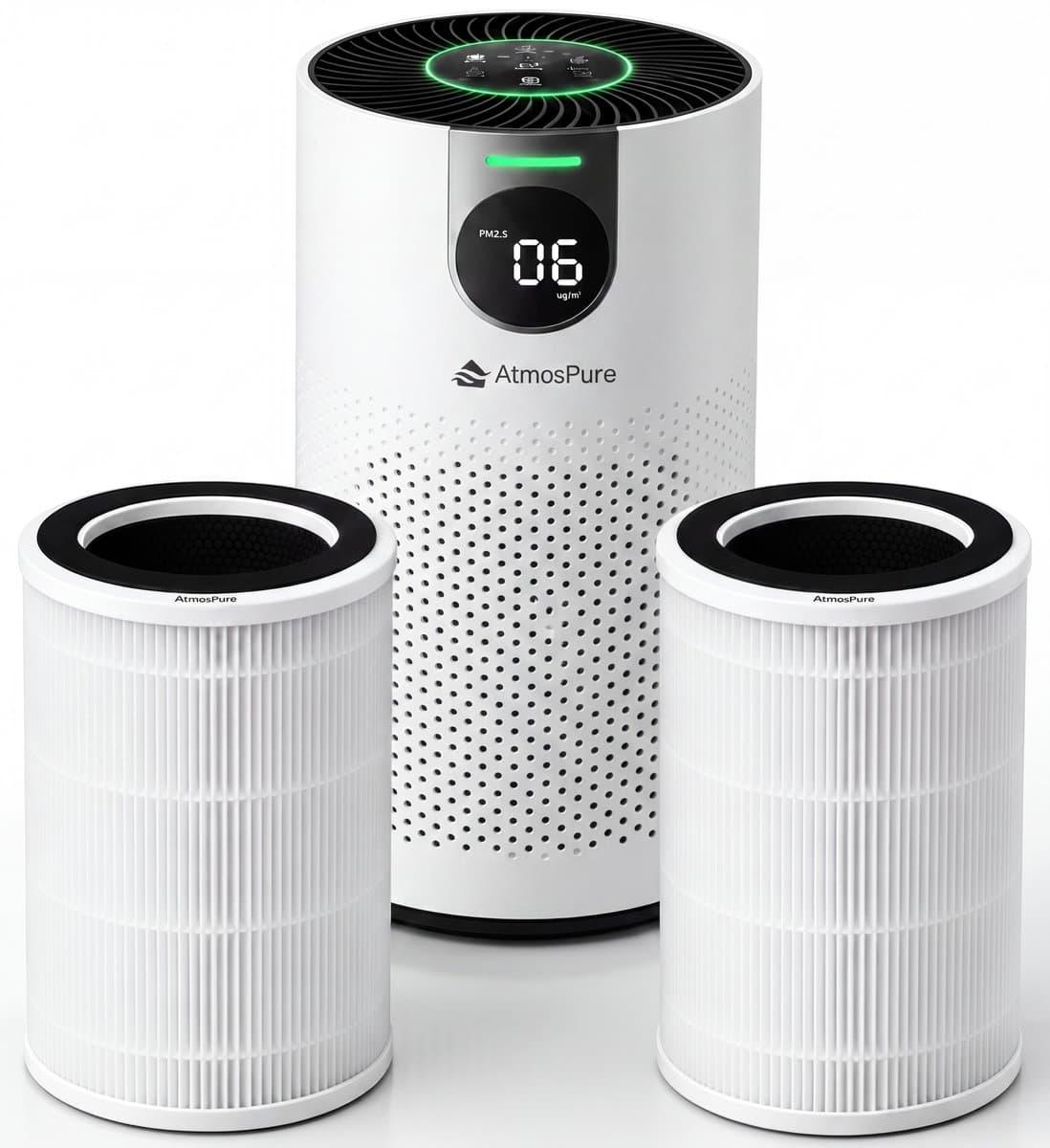 AtmosPure® CleanAir Luchtreiniger - Air Purifier met vervangbaar HEPA 13 Koolstof filter + Extra filter - CADR 250 m³/h - Wit - Voor 98 m² - Werkt tegen huisstofmijt, hooikoorts, allergie, -3 standen + stille slaapstand - Luchtkwaliteit Sensor — afbeelding 1