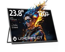 UPERFECT 23,8-inch draagbare monitor, 120 Hz, 1920x1080 FHD IPS, USB-C- en HDMI-poort, tweede scherm met geïntegreerde standaard voor laptop/telefoon/spelconsole, VESA-montage mogelijk